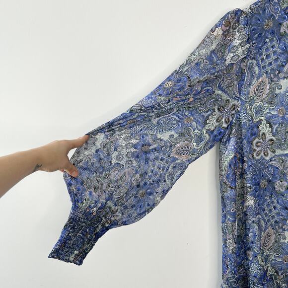 MARIE OLIVER Irena Mini Dress Size Large Silk Metallic Ruffle Smocked Boho Chic - Picture 5 of 15